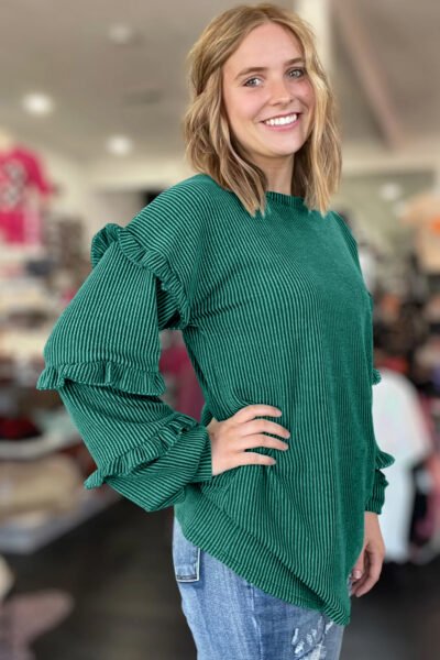 Evergreen Twisted Ribbed Tiered Ruffles Long Sleeve Pullover Top