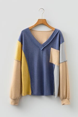 Sail Blue Exposed Stitching Colorblock V Neck Long Sleeve Top - Image 5