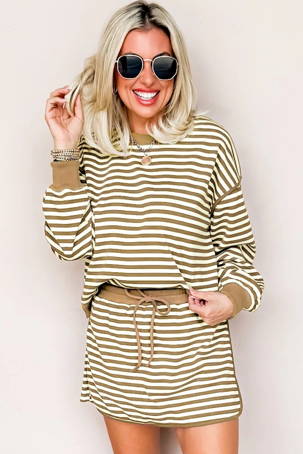 Brown Stripe Textured Drop Shoulder Pullover Top Drawstring Mini Skirt Two Piece Dress Set Brown Stripe Textured Drop Shoulder Pullover Top Drawstring Mini Skirt Two Piece Dress Set