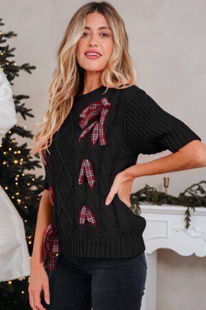Black Plaid Lace up Detail Christmas Holiday Puff Short Sleeve Sweater - Image 14