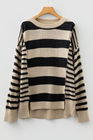 Black Stripe Drop Shoulder Sleeve Patchwork Baggy Sweater - Image 7
