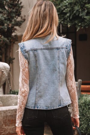 Beau Blue Scalloped Trim Patch Pocket Button Front Denim Vest - Image 12