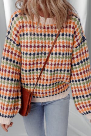 Multicolour Dotty Striped Pattern Knit Drop Shoulder Sweater