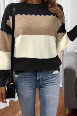 Black Colorblock Crew Neck Drop Shoulder Sweater - Image 7