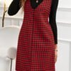 Red Houndstooth Print V Neck Sleeveless Mini Dress