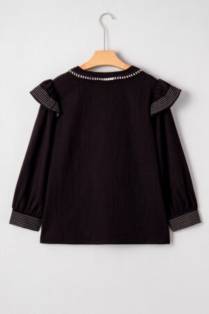 Black Contrast Stitched Detail V Neck Ruffle Long Sleeve Blouse - Image 2