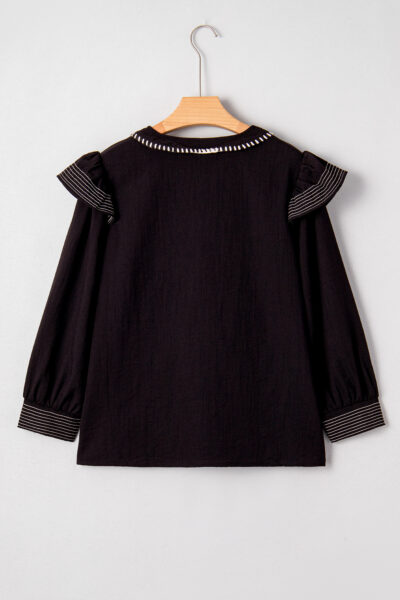 Black Contrast Stitched Detail V Neck Ruffle Long Sleeve Blouse