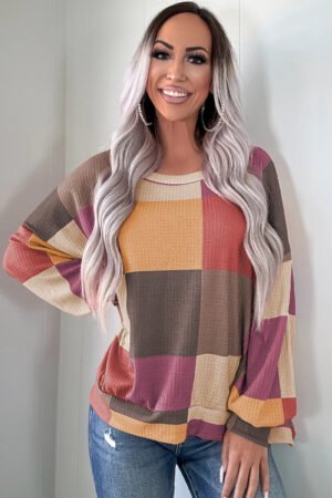 Rose Red Checkered Print Textured Knit Long Sleeve Loose Top - Image 2