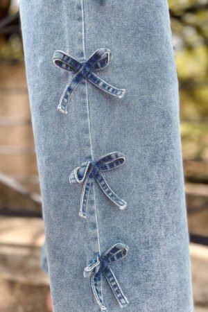 Beau Blue Bow Knot Side Detail Straight Leg Loose Jeans - Image 4