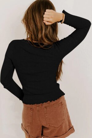 Black Lace Neckline Button Decor Lettuce Edge Long Sleeve Ribbed Top - Image 2
