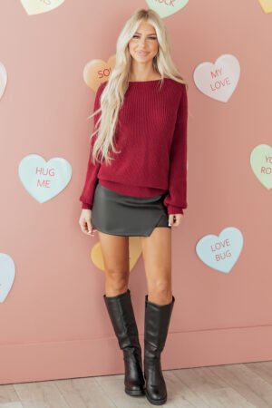Red Dahlia Ribbed Knit Ribbon Knot Backless Drop Shoulder Sweater - Image 16