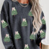 Gray Ribbed Round Neck Sequin Christmas Tree Patched Baggy Sweatshirt