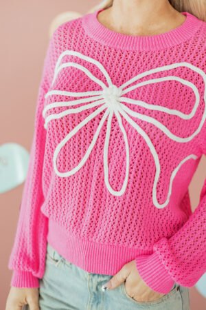 Sachet Pink Sweet Bow Decor Hollow Out Knitted Drop Shoulder Sweater - Image 17