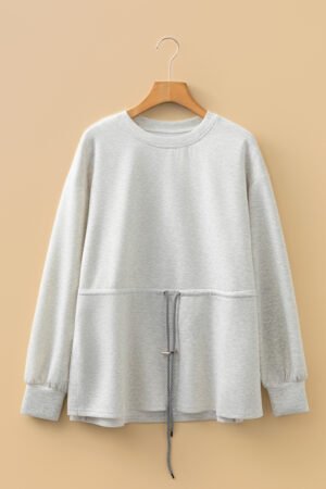 Light Grey Drawstring Waist Tunic Solid Sweatshirt - Image 5