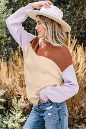 Khaki Color Block Plain Ribbed Knit Baggy Sweater - Image 5