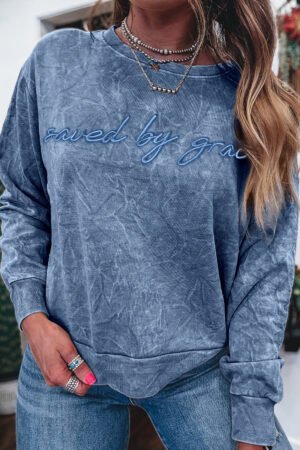 Real Teal saved by grace Letter Embroidery Mineral Wash Loose Sweatshirt - Image 4