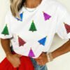White Glitter Christmas Tree Pattern Cuffed Sleeve Christmas T Shirt