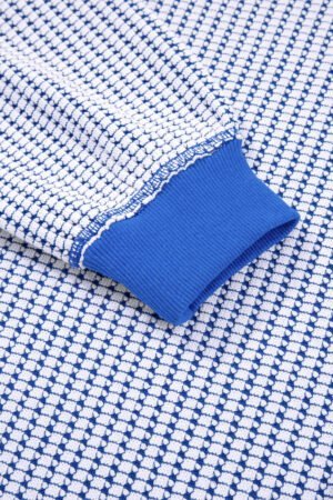 Dark Blue Waffle Knit Exposed Stitching Casual Top with Side Slits - Image 8