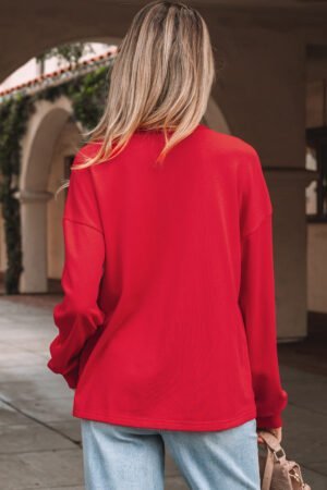 Fiery Red Plaid Frayed Double Christmas Tree Patched Drop Shoulder Sweatshirt - Image 5