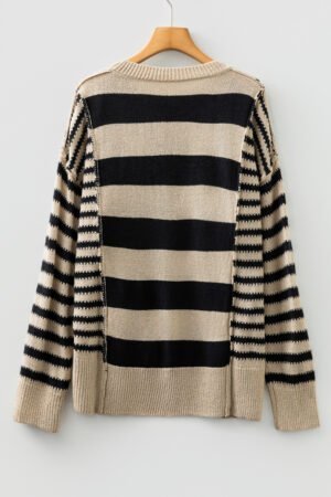 Black Stripe Drop Shoulder Sleeve Patchwork Baggy Sweater - Image 8