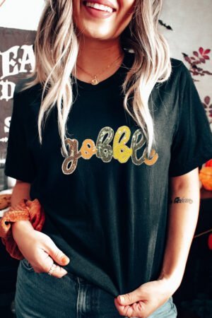 Black gobble Sequin Letter Graphic Thanksgiving T Shirt - Image 3