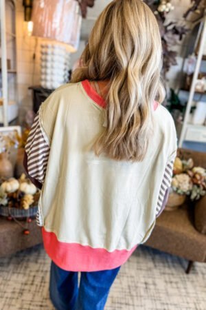 White Color Block Striped Patchwork Dolman Slit Sweatshirt - Image 2