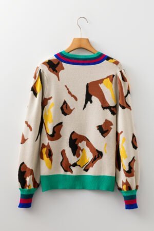Apricot Contrast Ribbed Stripes Detail Animal Pattern Knit Sweater - Image 4