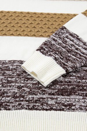 Brown Mixed Texture Knit Striped Color Block Loose Sweater - Image 11