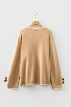 Tan Plus Size Leopard Bow Decor Split Cuffs Loose Sweater - Image 18