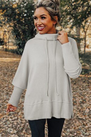 Light Grey Textured Knit Drawstring Cowl Neck Oversize Top with Side Slits - Image 3