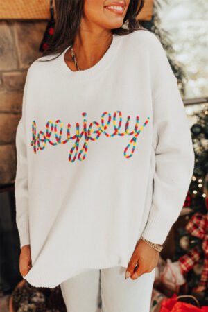 Beige Colorful Holly Jolly Christmas Knit Loose Sweater