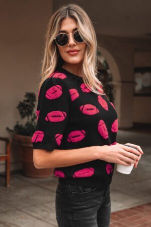 Black Rugby Print Casual Knit Short Sleeve Sweater - Image 11