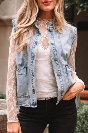 Beau Blue Scalloped Trim Patch Pocket Button Front Denim Vest - Image 18