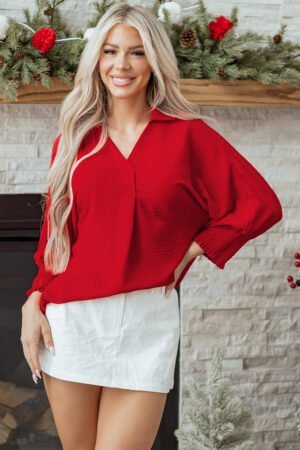 Fiery Red V Neck Collared Shirred 3/4 Sleeve Oversized Tunic Top - Image 5