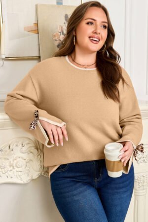 Tan Plus Size Leopard Bow Decor Split Cuffs Loose Sweater - Image 13
