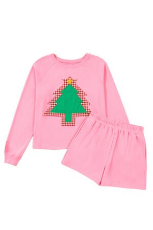 Sachet Pink Plaid Contrasted Double Christmas Tree Patched Raglan Sleeve Pullover 2pcs Short Set - Image 20