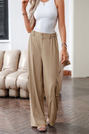 Camel Solid Color Elastic High Waist Loose Cargo Pants - Image 4