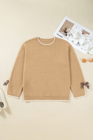 Tan Plus Size Leopard Bow Decor Split Cuffs Loose Sweater - Image 3