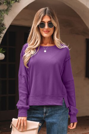 Orchid Mist Solid Color Raw Seam Patchwork Ribbed Drop Shoulder Sweatshirt - Image 6