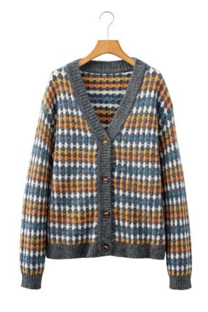 Gray Dotty Pattern Knit Button Front V Neck Sweater Cardigan - Image 13