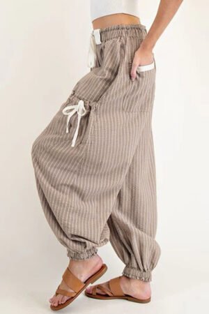 Brown Stripe Drawstring Cargo Jogger Pants with Pockets - Image 3