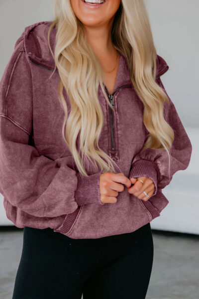 Wild Ginger Half Zip Kangaroo Pocket Mineral Wash Baggy Hoodie