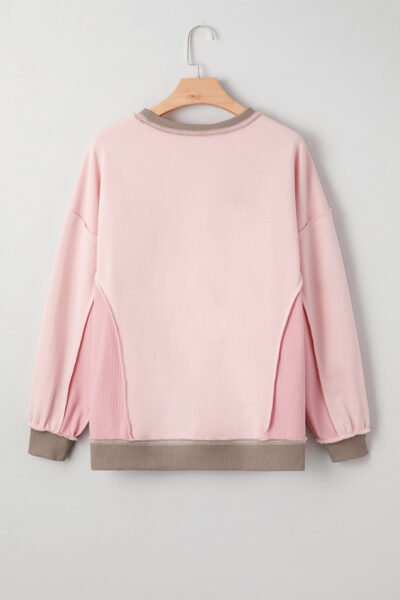 Light Pink Plus Color Block Waffle Patchwork Exposed Seam Baggy Sweatshirt