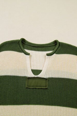 Green Stripe Colorblock Notched Neck Plus Size Sweater - Image 4