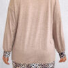 Parchment Leopard Patchwork V Neck Long Sleeve Plus Size Top