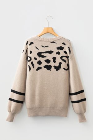 Khaki Leopard Striped Detail Drop Shoulder Sweater - Image 4