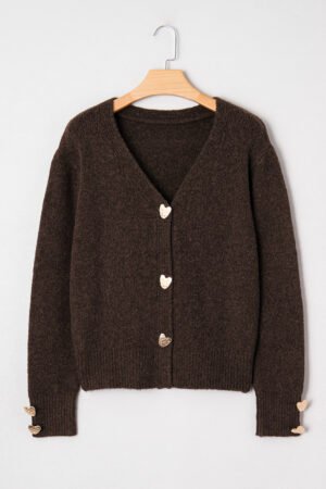 Chicory Coffee Heart Metal Button V Neck Cardigan Sweater - Image 12
