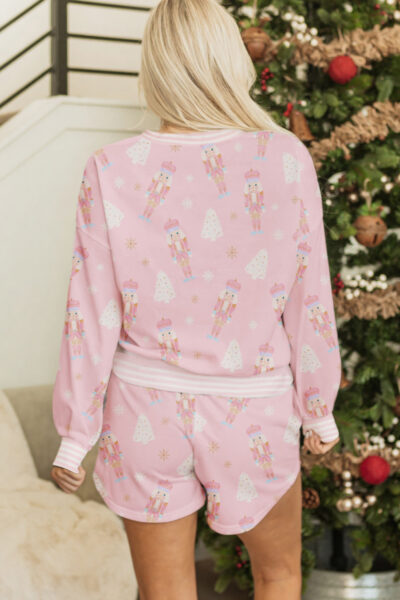 Pink Christmas Tree Nutcracker Doll Print Contrast Trim Long Sleeve Top Matching Shorts Set