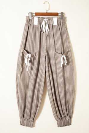 Brown Stripe Drawstring Cargo Jogger Pants with Pockets - Image 4