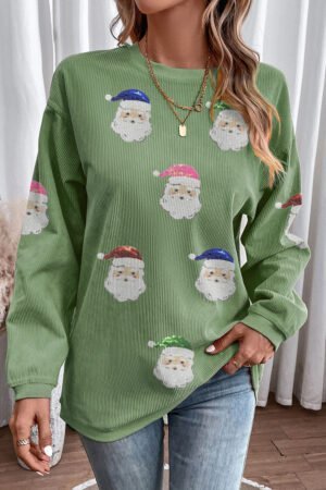 Grass Green Corded Ribbed Sequin Patched Santa Claus Graphic Sweatshirt - Image 7